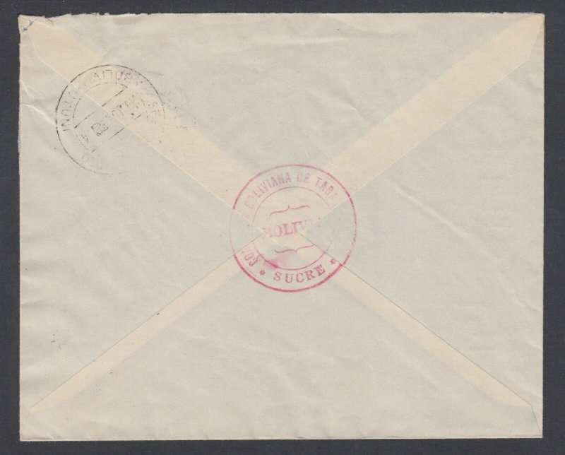 Bolivia Sc 261 + Bisect on 1944 cover Sucre to Uyuni, CDS ties bisect. Tobacco