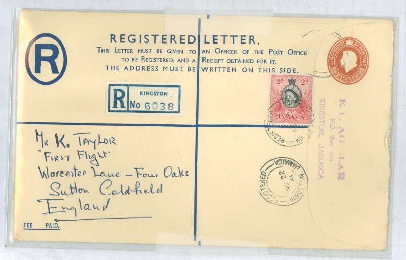 Jamaica  1961 QEII 4d + 2c reg env, used from Kingston