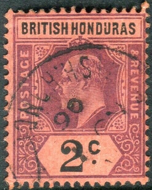 BRITISH HONDURAS-1906 2c Purple & Black/Red DAMAGED FRAME & CROWN.  FU Sg 85ab