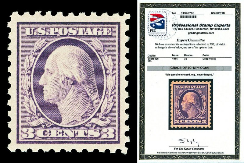 Scott 426 1914 3c Washington Perf 10 Issue Mint NH Graded XF 90 with PSE CERT!