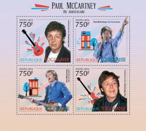 Togo 2012 MNH - Paul McCartney (70th Anniversary). YT 2973-2975, Mi 4548-4551