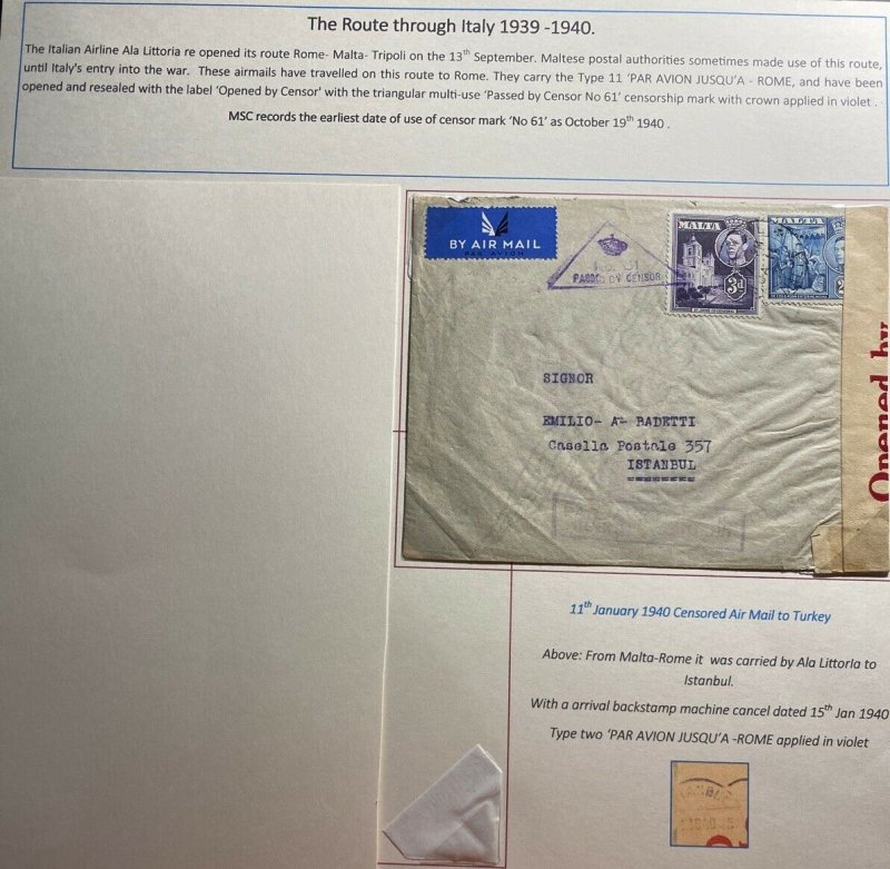 1940 Malta Airmail Early Censored Cover To Istanbul Turkey Via Italy
