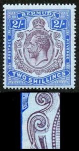 Bermuda SG51be KGV 2/- wmk Mult Crown CA VAREITY BREAK in LINES below Scroll U/M