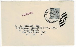 Turks Islands 1902 Boston Foreign cancel on paquebot cover, SG 65