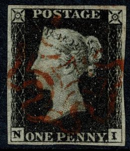 GB 1d intense black NI Plate 4. 4 margins. Cancelled by red Maltese Cross.