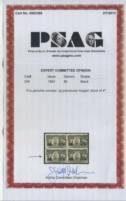 245 Columbian Mint Stamp with PSAG Cert (Stock 245-PSAG-1)