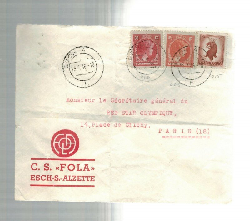 1946 Luxembourg Cover to Paris France Red Star Olympique