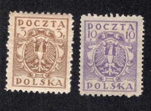 Poland 1919 3f & 10f Eagle, Scott 93, 95 MH, value = 50c