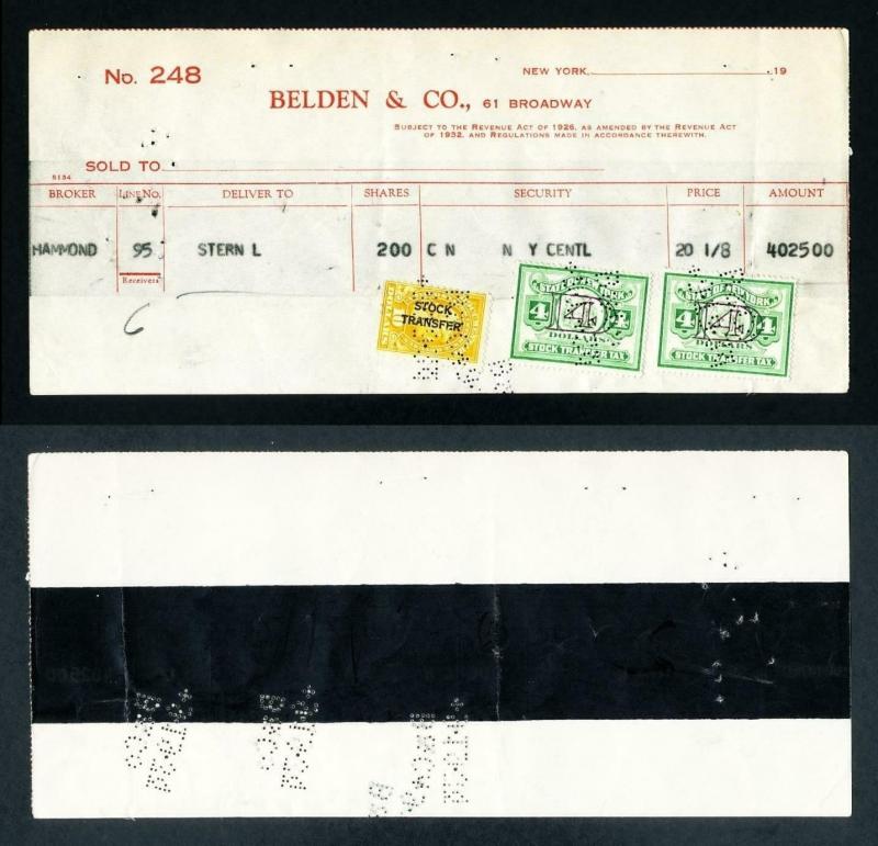 Stock memorandum Belden & Co. with US and NY revenues dated 9-19-1939