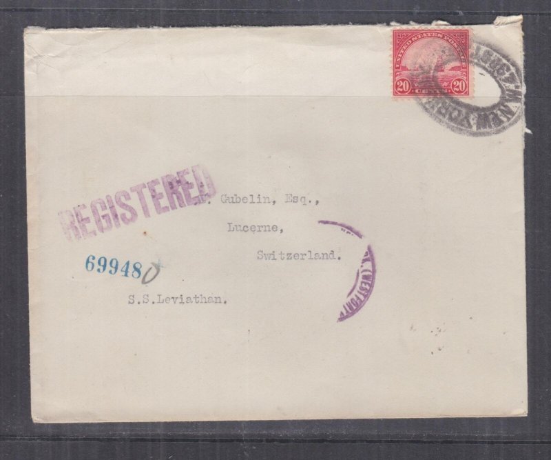 1927 Registered cover, 20c., New York to Switzerland per SS Leviathan.