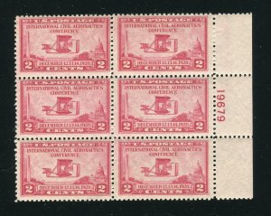 649 Aeronautics Conference Plate Block of 6 2¢ Red Stamps MNH 1928