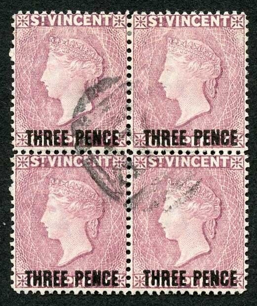 St Vincent SG63a 1897 3d on 1d Red-Mauve Block of FOUR FAKE Cancel
