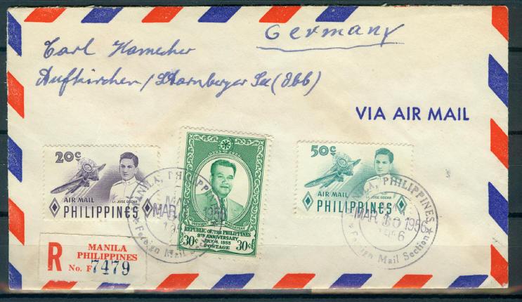 Philippines reg cvr 1956-0301, Scott # 623, C78, C80