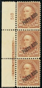 Porto Rico #214, Mint VF OG PL# & Imprint Strip of 3 CV $150 -- Stuart Katz