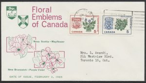 1965 #420-421 NS - NB Floral Emblem Combo FDC Unusual Cachet Toronto Slogan