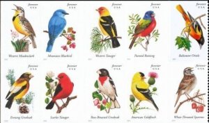 2014 49c Forever Song Birds, Block of 10 Scott 4882-4891 Mint F/VF NH