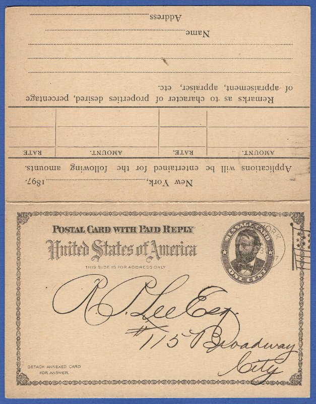 US UY1 1c + 1c Grant Double postal card, 1897 New York City Flag cancel
