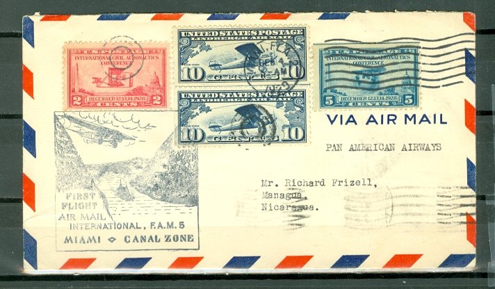 US 1929 FIRST FLIGHT COVER MIAMI to CRISTOBAL CANAL ZONE..VERY NICE