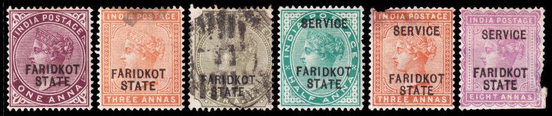 India - Faridkot Scott 5, 7-8, O1, O4, O6 (1886-87) M/U H F to VF, CV $79.40 C