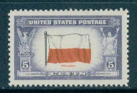 909 5c Flag of Poland Fine MNH Plt/4 UR F01280