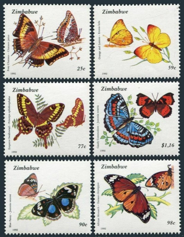 Zimbabwe 670-675,MNH.Michel 488-493. Butterflies 1992.Foxy charaxes,Eronia leda, 