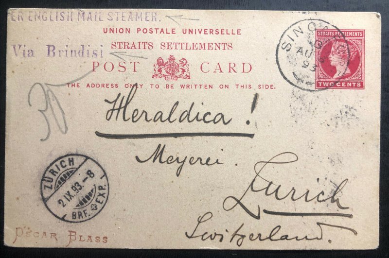 1893 Singapore Straits Settlements Stationery Postcard cover To Switzerland