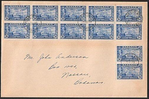 BAHAMAS 1949 cover with blocks of 3d Tercentenary.........................18323W