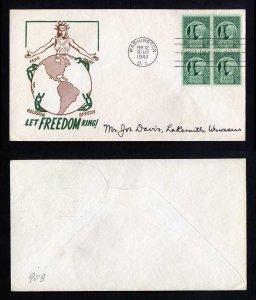 # 908 Block of 4 First Day Cover addressed with Cachet Craft cachet - 2-12-1943