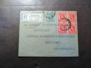 1915 Registered British KUT Cover Mombasa BEA to Bouveret Switzerland