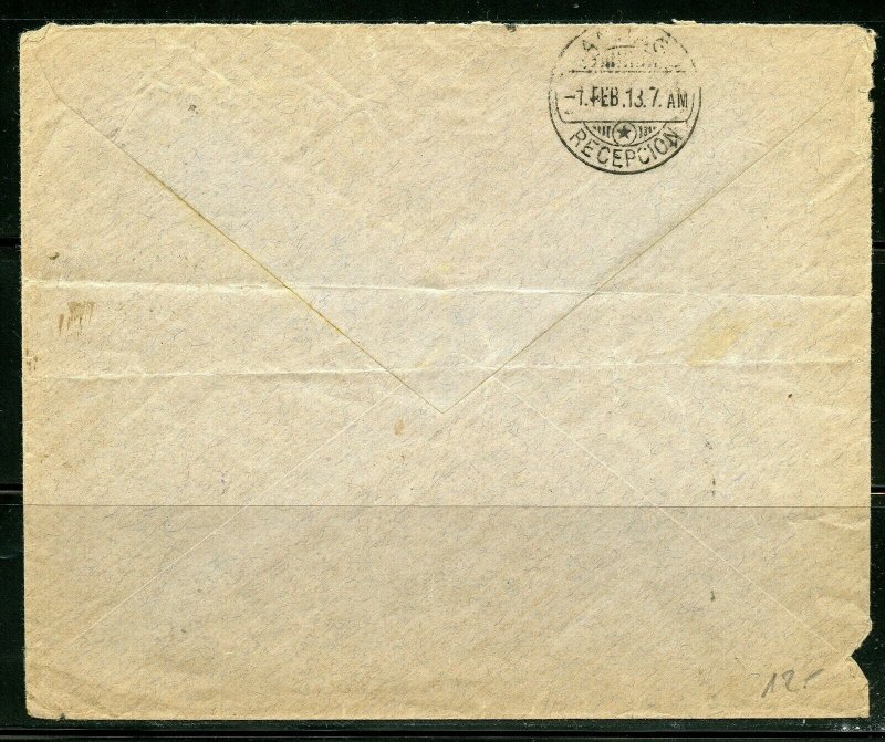 CHILE TRAIGUEN, 1/30/1913 COVER VIA SANTIAGO TO LEIPZIG, GERMANY AS SHOWN