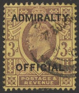 GREAT BRITAIN 1903 'ADMIRALITY OFFICIAL' on KEVII 3d SG type 010. Scarce genuine