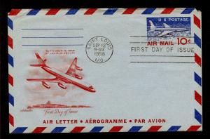 FIRST DAY COVER #UC32a Jet Airliner 10c Air Letter ARTMASTER U/A FDC 1958