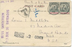 1905 Barbados postcard charged postage due.