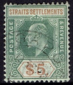 STRAITS SETTLEMENTS 1902 KEVII $5 WMK CROWN CA USED  