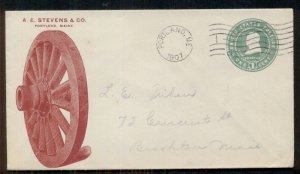 1907 A.E. STEVENS & Co. ad cover PORTLAND MAINE, RED WAGON WHEEL w/1¢ (U379) env