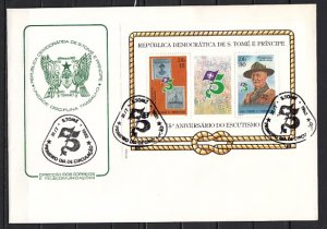 St. Thomas, Scott cat. 659a. Scout Anniversary s/sheet. First day cover.  ^