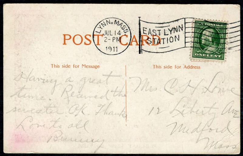 Postcard - LYNN MA TO MEDFORD MA - JUL 14 1911 PLEASANT VIEW COTTAGE - S6368