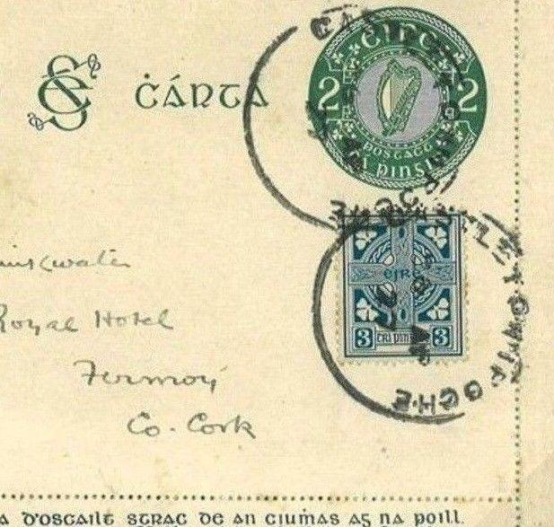 J255 1927 Ireland EIRE *Castletownroche* (Cork) Skeleton CDS Letter Card Fermoy