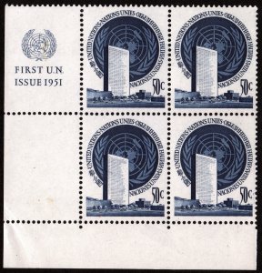 SC#10 50¢ United Nations: UN Symbol with Building Inscription Block (1951) MNH