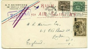 RARE 1932 DOUBLE JUSQU'A marking, then surface to ENGLAND cover Canada