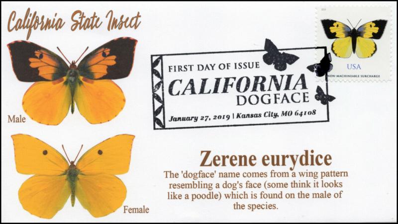 19-008, 2019, California Dog Face Butterfly, Pictorial  Postmark, FDC,  