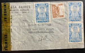 1940s La Paz Bolivia Commercial Censored Airmail Cover To New York USA