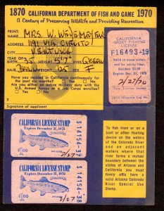 California Fishing License, used, # CAFV-7, CAF-15, CAF-15. 1970 Lot 230738