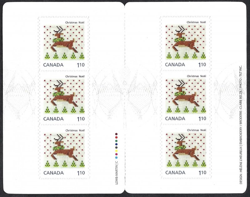 Canada #2690a $1.10 Cross-Stitched Reindeer (2013). Booklet of 6. MNH