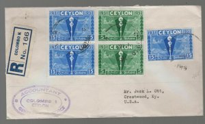 1952 Colombo Ceylon Registered Cover to the USA Red Wax Seal