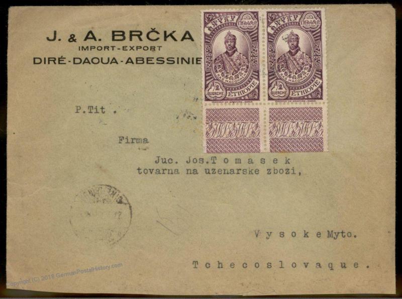 Ethiopia 1931 Vsocke Myto Czechoslovakia Cover Stamps Front Back 90252