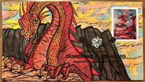Dungeons & Dragons 2024 FDC Stamp Hand Drawn Cachet RPG Mountain Rock Dragon