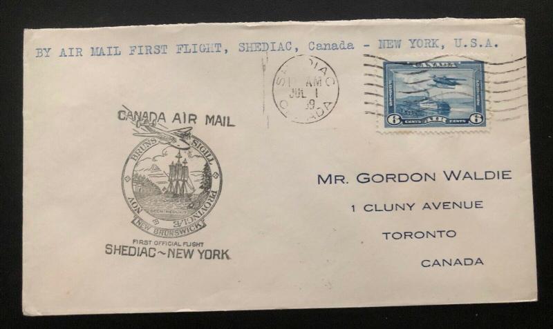 1939 Shediac Canada to New York USA  FFC airmail First Official Flight Cover