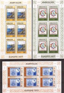 Gibraltar - 1977 Amphilex 77 Stamp on Stamp - Set of 3 6 Stamp Sheets #356-8