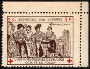 1916 WWI France Charity Stamp Red Cross 5 Centimes Union Women Rouen Committee